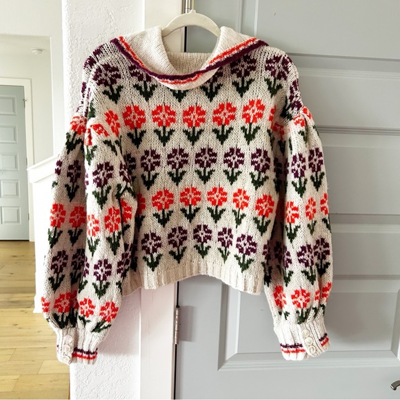 NWT Free People Frills Alpaca Softspun Sweater Floral Oatmeal Tulip Combo - Picture 5 of 5